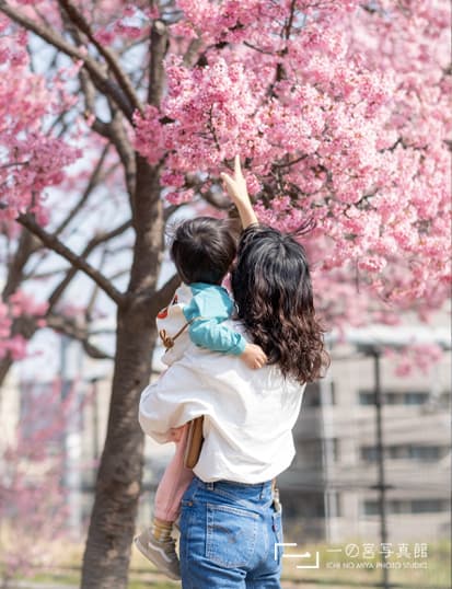 桜を見る親子