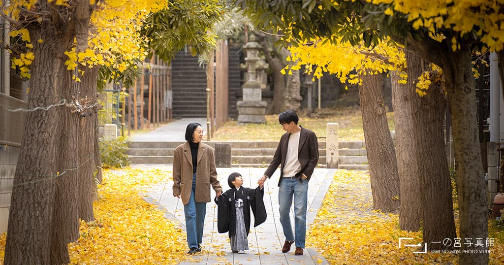 紅葉した銀杏並木を歩く七五三のお祝いをする家族